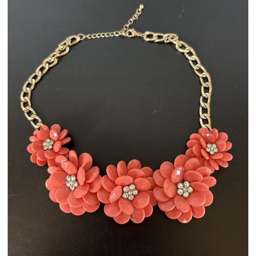 Vintage‎ Chunky Statement Necklace Pink/Coral Flowers Rhinestones Lobster Clasp